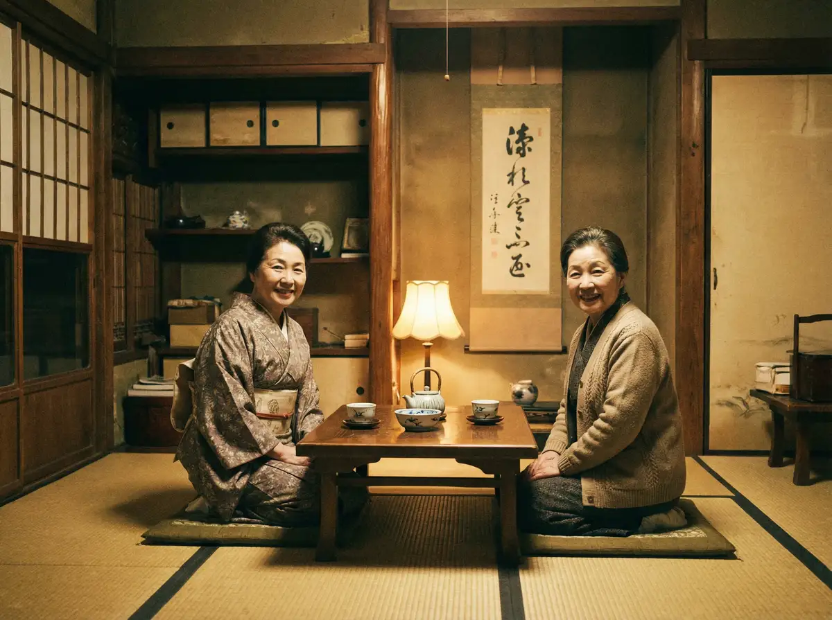 两位优雅的 飞龙app 在日式茶室中品茶交谈